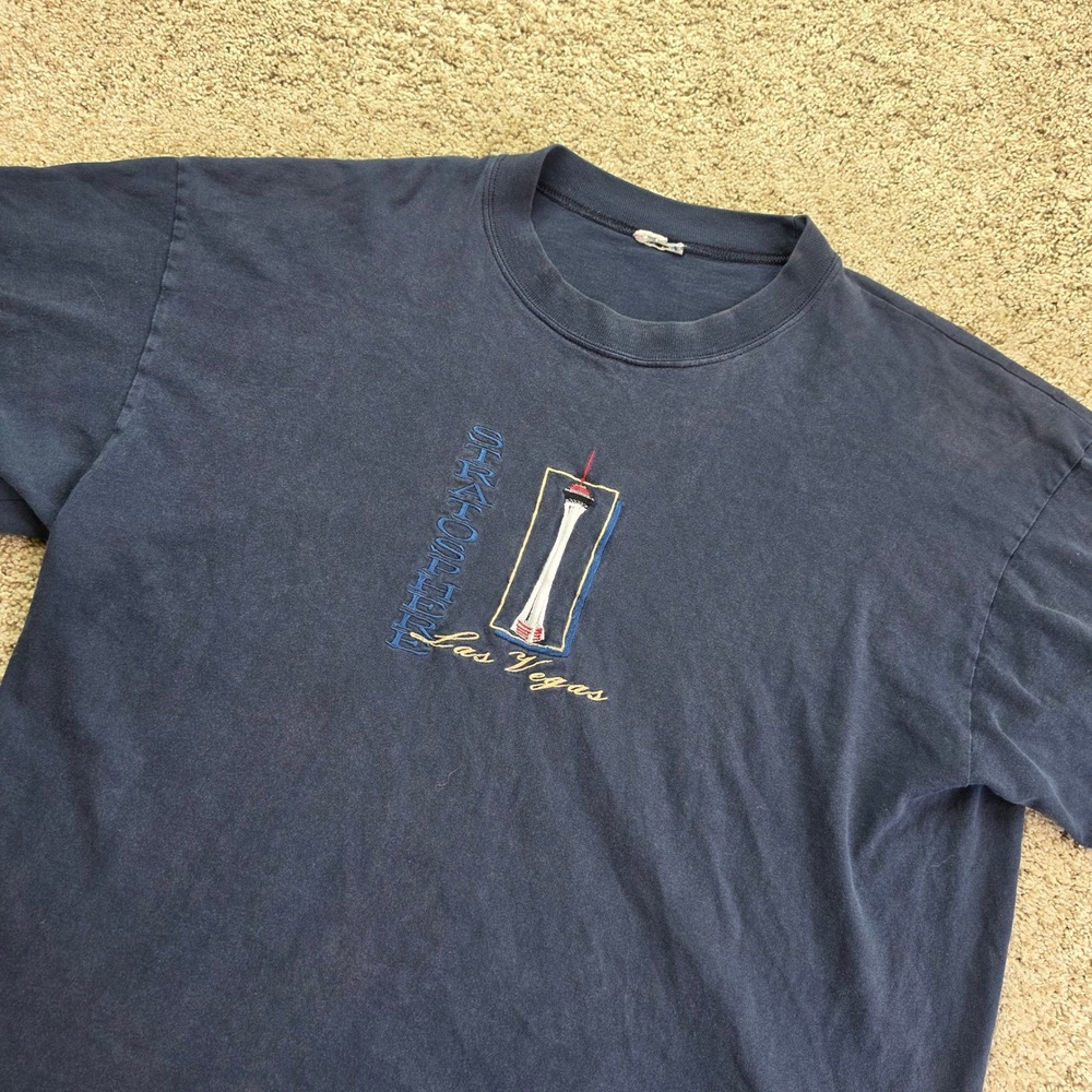 VINTAGE Stratosphere Las Vegas T Shirt Mens XL Navy Blue Embroidered Souvenir
